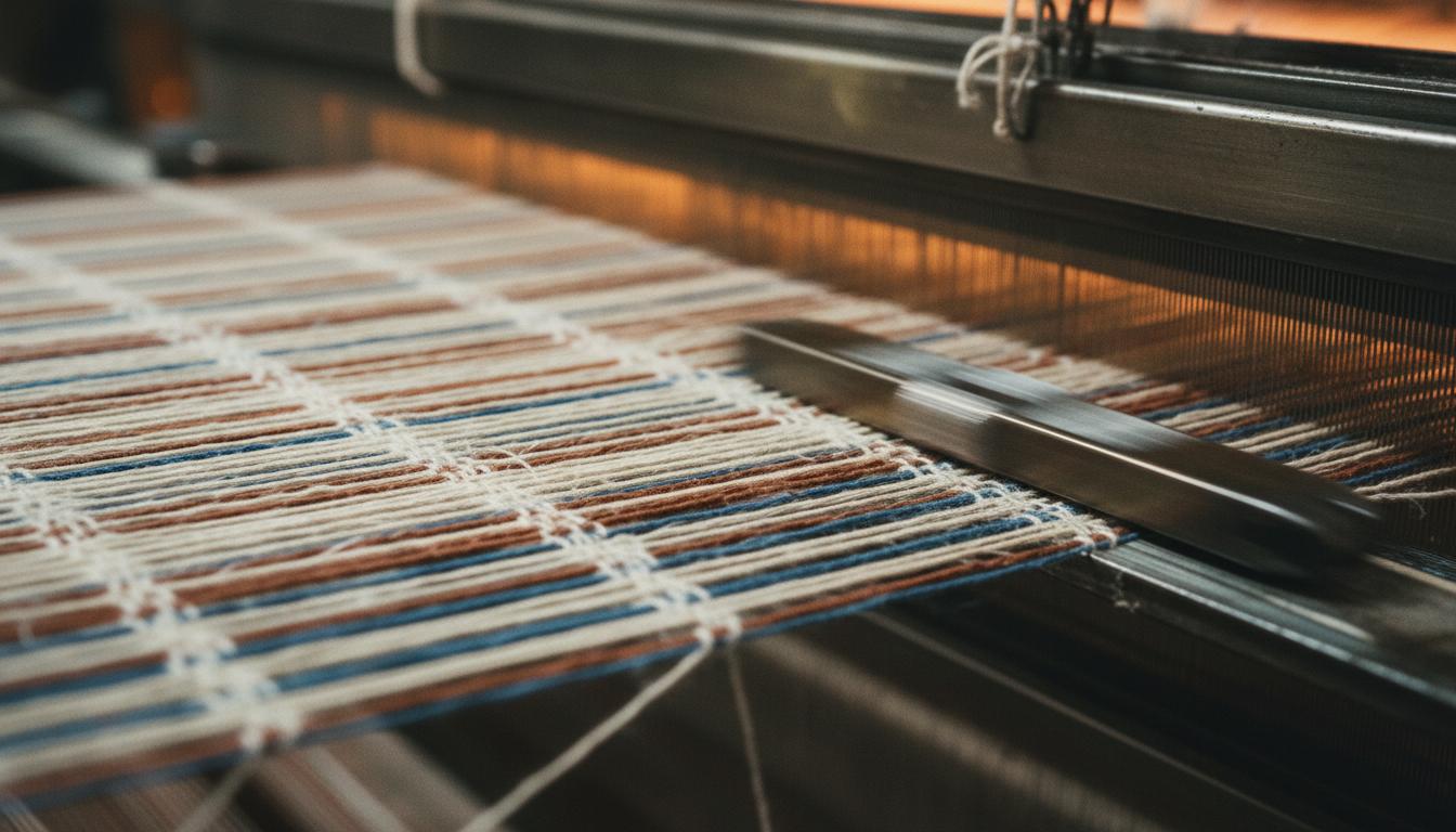 Industrial fabric weaving process - close-up of threads on loom